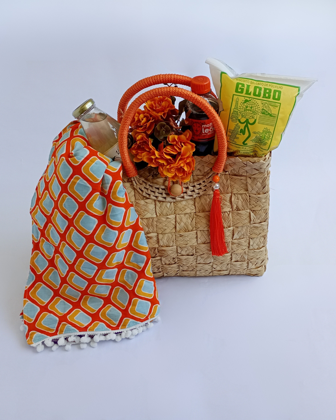 Kit Bolsa de Praia e Canga Artesanais Laranja