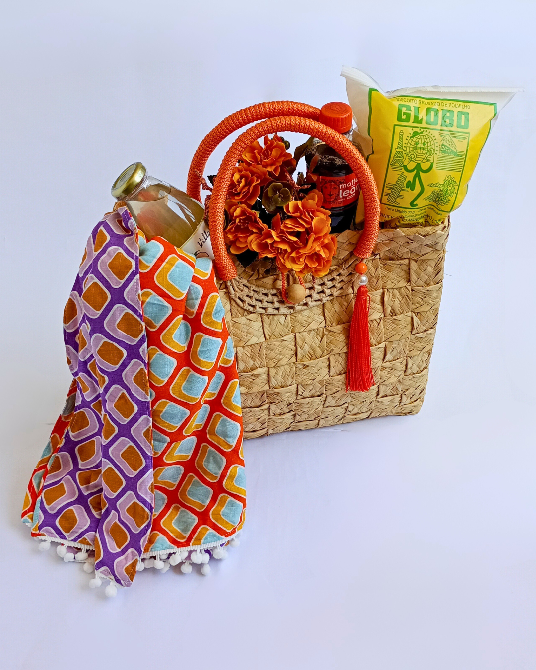 Kit Bolsa de Praia e Canga Artesanais Laranja