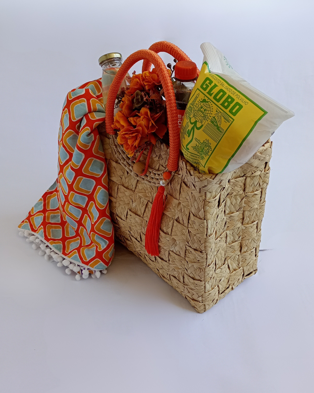 Kit Bolsa de Praia e Canga Artesanais Laranja